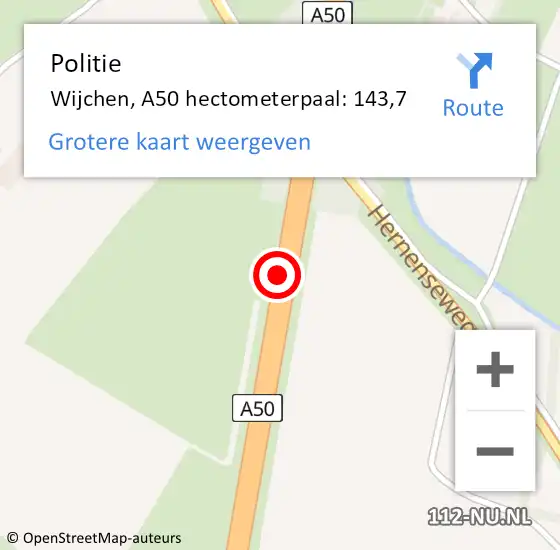 Locatie op kaart van de 112 melding: Politie Wijchen, A50 hectometerpaal: 143,7 op 10 juni 2022 01:13