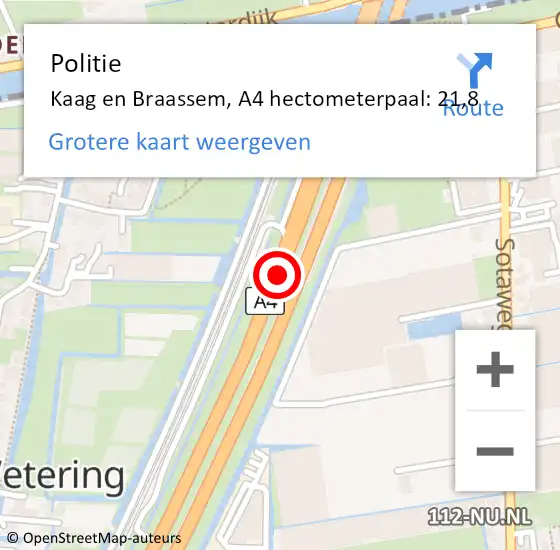 Locatie op kaart van de 112 melding: Politie Kaag en Braassem, A4 hectometerpaal: 21,8 op 10 juni 2022 05:35