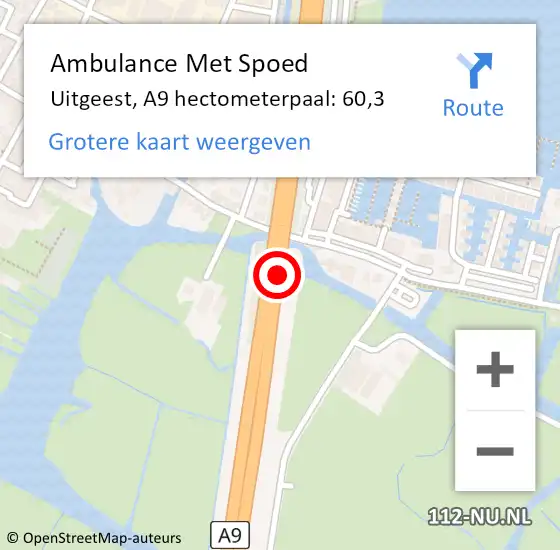 Locatie op kaart van de 112 melding: Ambulance Met Spoed Naar Uitgeest, A9 hectometerpaal: 60,3 op 10 juni 2022 06:47