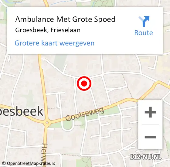 Locatie op kaart van de 112 melding: Ambulance Met Grote Spoed Naar Groesbeek, Frieselaan op 10 juni 2022 08:27