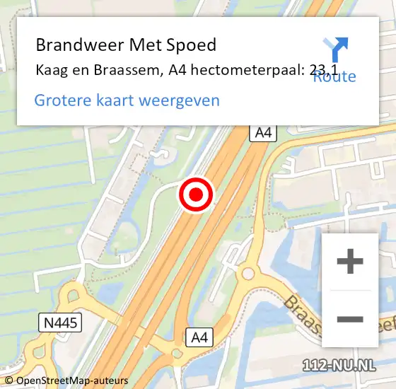 Locatie op kaart van de 112 melding: Brandweer Met Spoed Naar Kaag en Braassem, A4 hectometerpaal: 23,1 op 10 juni 2022 10:30