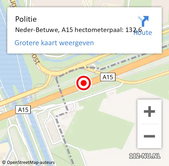 Locatie op kaart van de 112 melding: Politie Neder-Betuwe, A15 hectometerpaal: 132,6 op 10 juni 2022 12:24