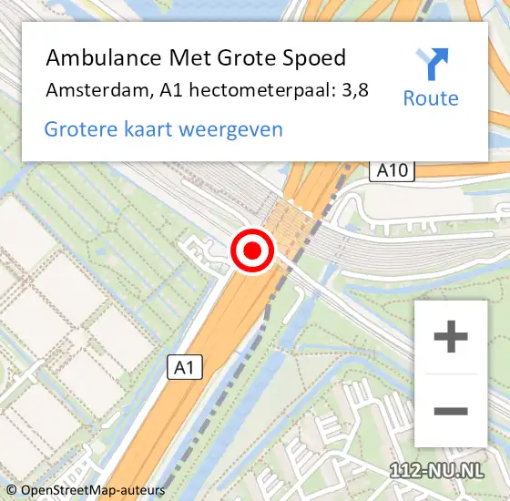 Locatie op kaart van de 112 melding: Ambulance Met Grote Spoed Naar Amsterdam, A1 hectometerpaal: 3,8 op 10 juni 2022 12:28