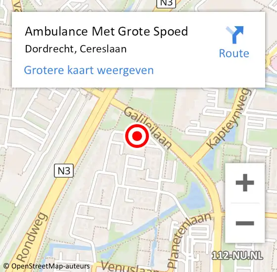 Locatie op kaart van de 112 melding: Ambulance Met Grote Spoed Naar Dordrecht, Cereslaan op 10 juni 2022 12:28
