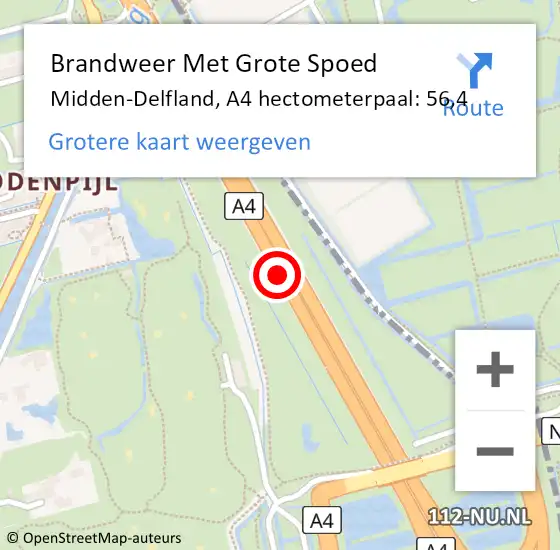 Locatie op kaart van de 112 melding: Brandweer Met Grote Spoed Naar Midden-Delfland, A4 hectometerpaal: 56,4 op 10 juni 2022 12:49