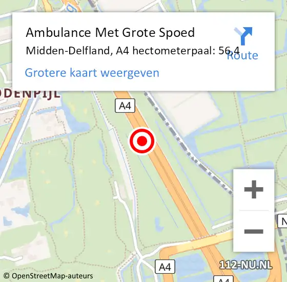 Locatie op kaart van de 112 melding: Ambulance Met Grote Spoed Naar Midden-Delfland, A4 hectometerpaal: 56,4 op 10 juni 2022 12:50