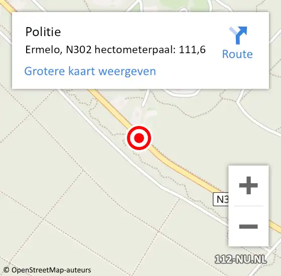 Locatie op kaart van de 112 melding: Politie Ermelo, N302 hectometerpaal: 111,6 op 10 juni 2022 14:11