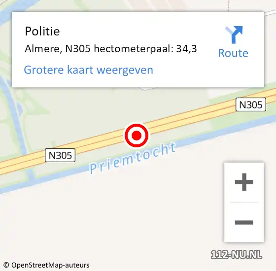 Locatie op kaart van de 112 melding: Politie Almere, N305 hectometerpaal: 34,3 op 10 juni 2022 14:29