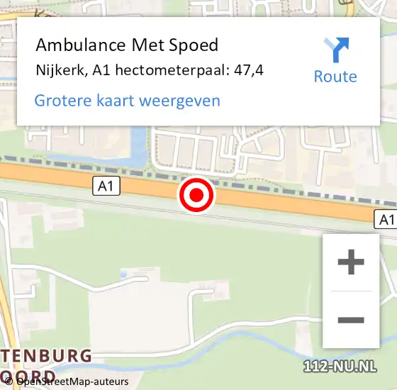 Locatie op kaart van de 112 melding: Ambulance Met Spoed Naar Nijkerk, A1 hectometerpaal: 47,4 op 10 juni 2022 15:06