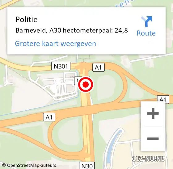Locatie op kaart van de 112 melding: Politie Barneveld, A30 hectometerpaal: 24,8 op 10 juni 2022 15:46