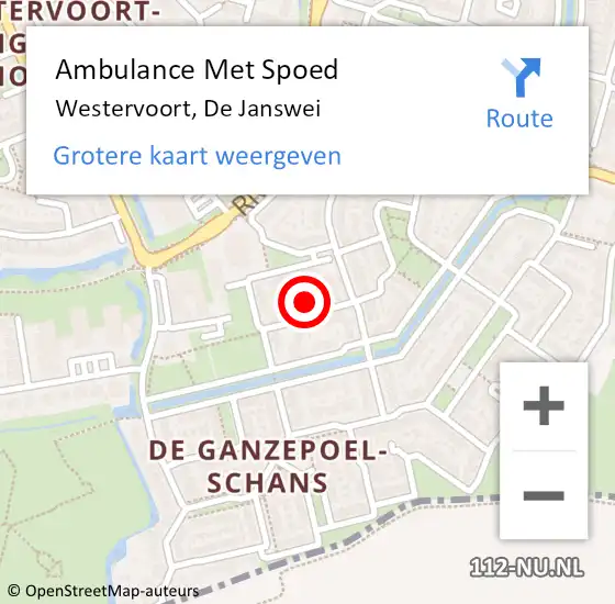 Locatie op kaart van de 112 melding: Ambulance Met Spoed Naar Westervoort, De Janswei op 10 juni 2022 15:59