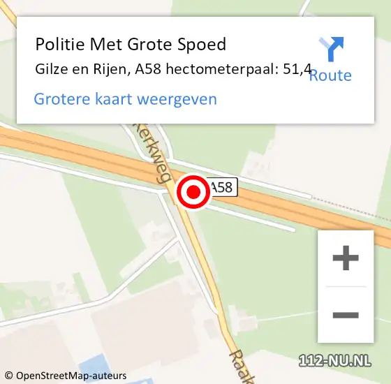 Locatie op kaart van de 112 melding: Politie Met Grote Spoed Naar Gilze en Rijen, A58 hectometerpaal: 51,4 op 10 juni 2022 16:05