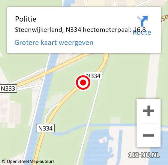 Locatie op kaart van de 112 melding: Politie Steenwijkerland, N334 hectometerpaal: 16,8 op 10 juni 2022 16:12