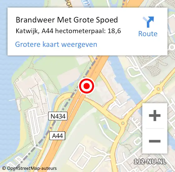 Locatie op kaart van de 112 melding: Brandweer Met Grote Spoed Naar Katwijk, A44 hectometerpaal: 18,6 op 10 juni 2022 20:58