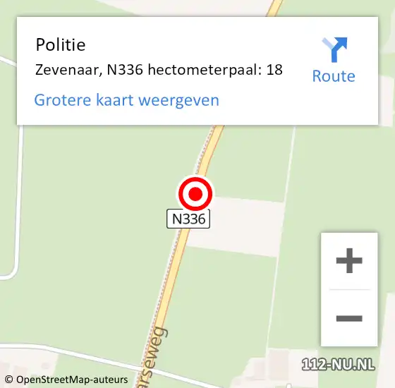 Locatie op kaart van de 112 melding: Politie Zevenaar, N336 hectometerpaal: 18 op 10 juni 2022 20:59