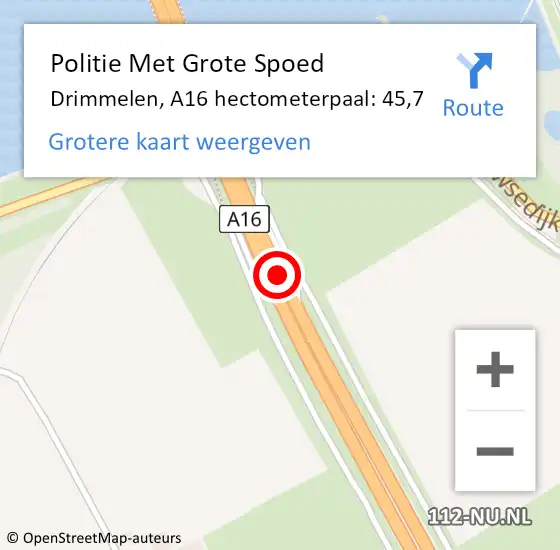 Locatie op kaart van de 112 melding: Politie Met Grote Spoed Naar Drimmelen, A16 hectometerpaal: 45,7 op 10 juni 2022 21:19