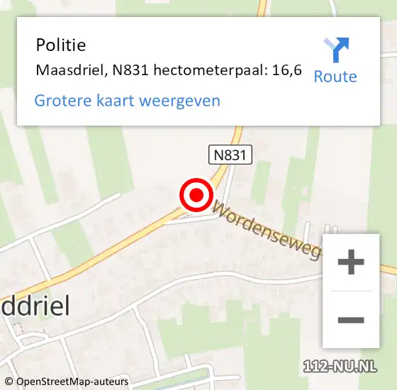 Locatie op kaart van de 112 melding: Politie Maasdriel, N831 hectometerpaal: 16,6 op 10 juni 2022 21:52