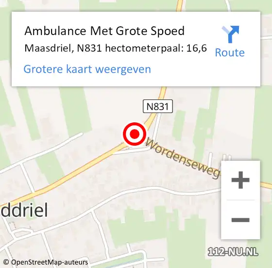 Locatie op kaart van de 112 melding: Ambulance Met Grote Spoed Naar Maasdriel, N831 hectometerpaal: 16,6 op 10 juni 2022 22:04