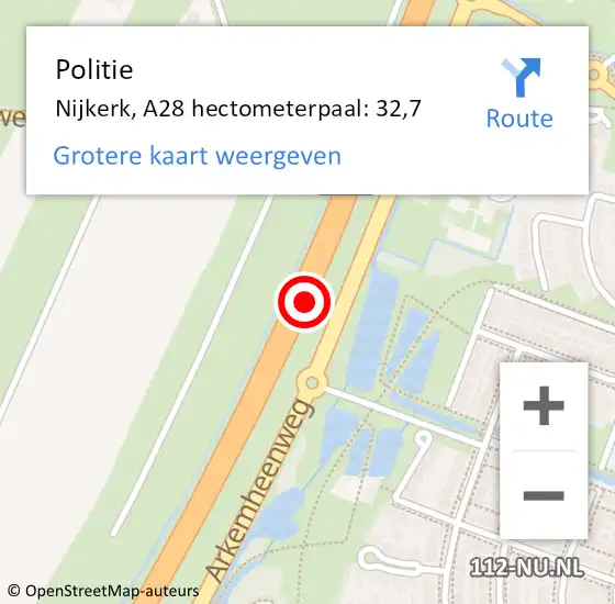 Locatie op kaart van de 112 melding: Politie Nijkerk, A28 hectometerpaal: 32,7 op 10 juni 2022 23:10
