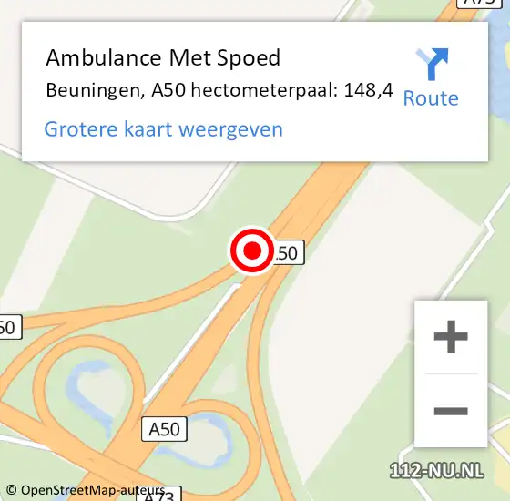 Locatie op kaart van de 112 melding: Ambulance Met Spoed Naar Beuningen, A50 hectometerpaal: 148,4 op 10 juni 2022 23:24