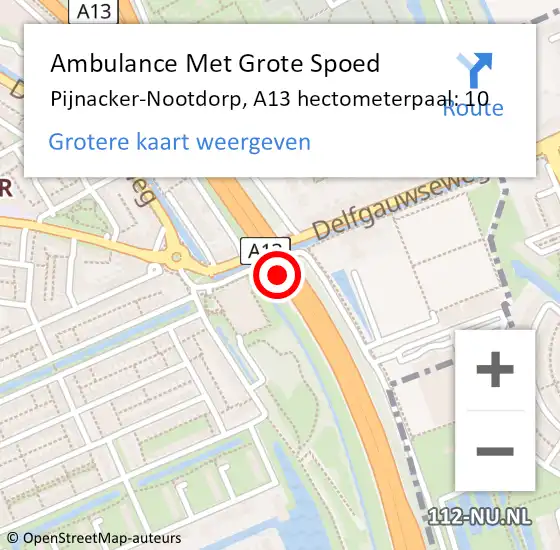 Locatie op kaart van de 112 melding: Ambulance Met Grote Spoed Naar Pijnacker-Nootdorp, A13 hectometerpaal: 10 op 11 juni 2022 00:48