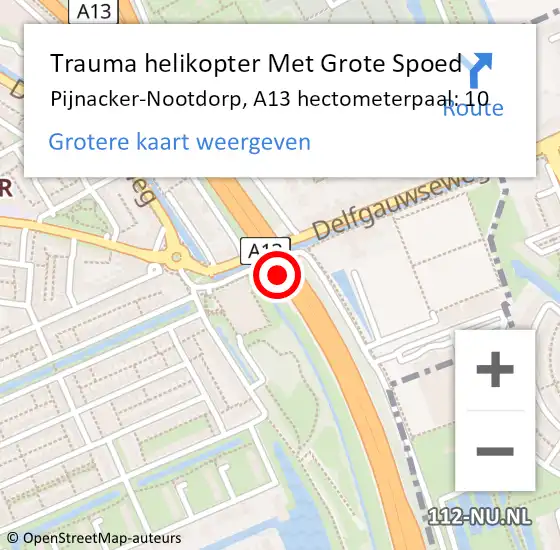 Locatie op kaart van de 112 melding: Trauma helikopter Met Grote Spoed Naar Pijnacker-Nootdorp, A13 hectometerpaal: 10 op 11 juni 2022 00:48