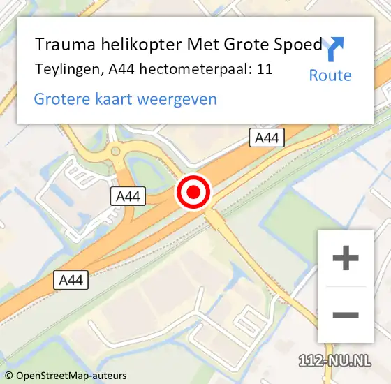 Locatie op kaart van de 112 melding: Trauma helikopter Met Grote Spoed Naar Teylingen, A44 hectometerpaal: 11 op 11 juni 2022 01:57