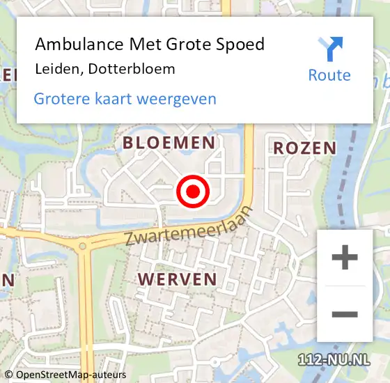 Locatie op kaart van de 112 melding: Ambulance Met Grote Spoed Naar Leiden, Dotterbloem op 11 juni 2022 02:08