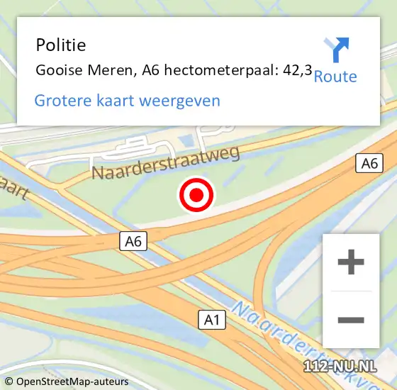 Locatie op kaart van de 112 melding: Politie Gooise Meren, A6 hectometerpaal: 42,3 op 11 juni 2022 02:24