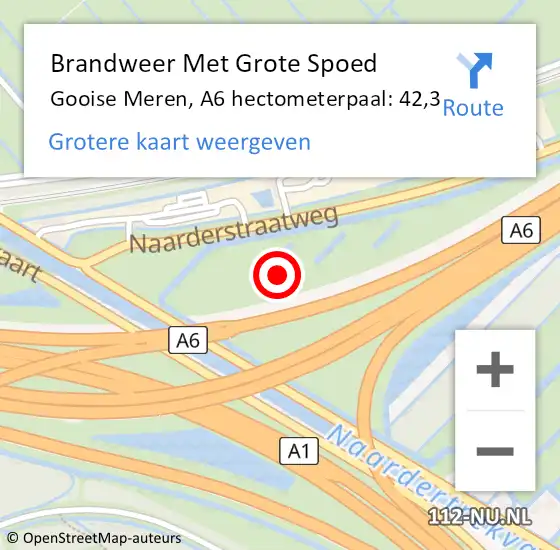 Locatie op kaart van de 112 melding: Brandweer Met Grote Spoed Naar Gooise Meren, A6 hectometerpaal: 42,3 op 11 juni 2022 02:24