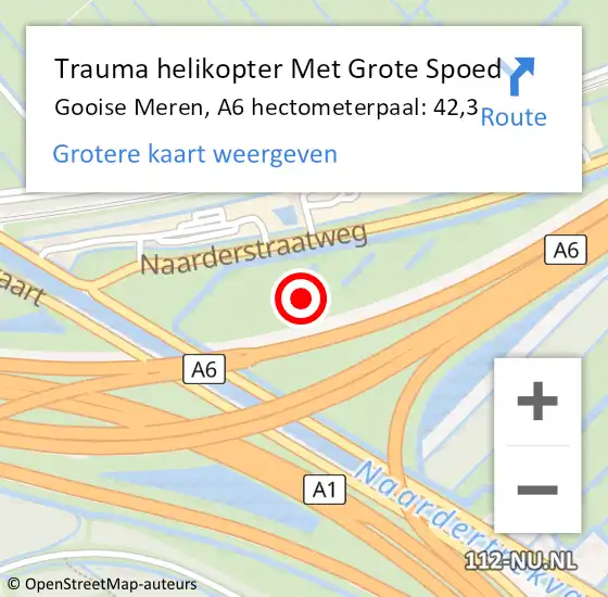 Locatie op kaart van de 112 melding: Trauma helikopter Met Grote Spoed Naar Gooise Meren, A6 hectometerpaal: 42,3 op 11 juni 2022 02:26