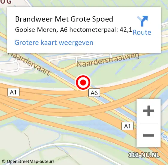 Locatie op kaart van de 112 melding: Brandweer Met Grote Spoed Naar Gooise Meren, A6 hectometerpaal: 42,1 op 11 juni 2022 02:26