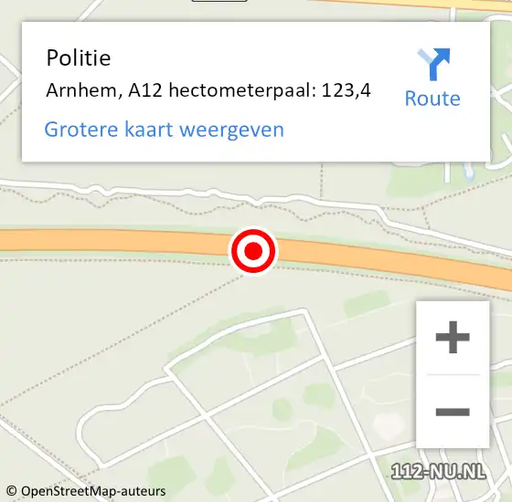 Locatie op kaart van de 112 melding: Politie Arnhem, A12 hectometerpaal: 123,4 op 11 juni 2022 03:32