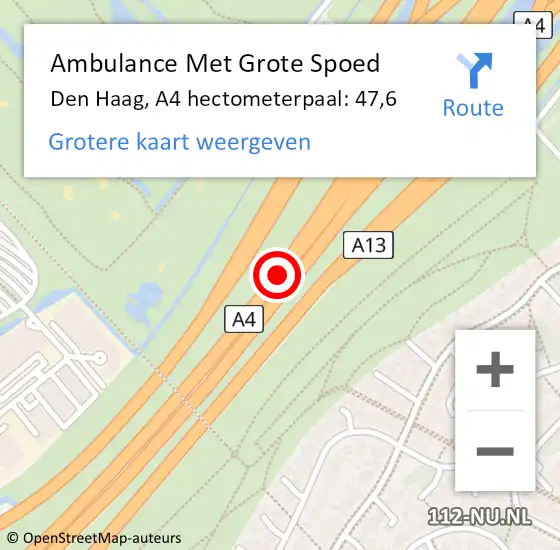 Locatie op kaart van de 112 melding: Ambulance Met Grote Spoed Naar Den Haag, A4 hectometerpaal: 47,6 op 11 juni 2022 06:51