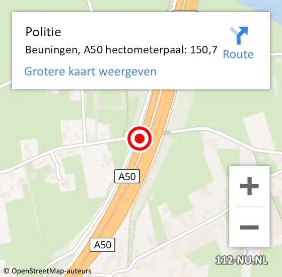 Locatie op kaart van de 112 melding: Politie Beuningen, A50 hectometerpaal: 150,7 op 11 juni 2022 07:05