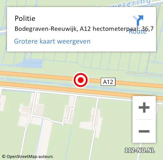 Locatie op kaart van de 112 melding: Politie Bodegraven-Reeuwijk, A12 hectometerpaal: 36,7 op 11 juni 2022 07:43