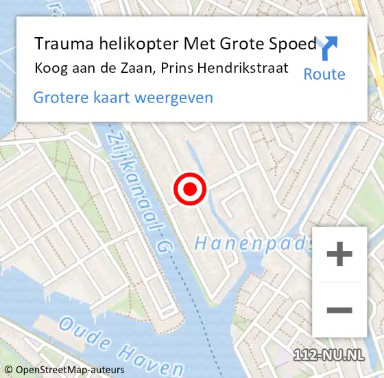 Locatie op kaart van de 112 melding: Trauma helikopter Met Grote Spoed Naar Koog aan de Zaan, Prins Hendrikstraat op 11 juni 2022 08:51