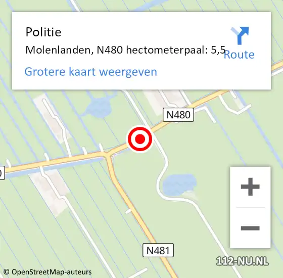 Locatie op kaart van de 112 melding: Politie Molenlanden, N480 hectometerpaal: 5,5 op 11 juni 2022 10:00