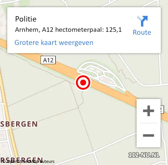 Locatie op kaart van de 112 melding: Politie Arnhem, A12 hectometerpaal: 125,1 op 11 juni 2022 11:33