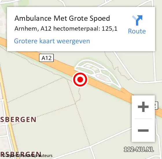 Locatie op kaart van de 112 melding: Ambulance Met Grote Spoed Naar Arnhem, A12 hectometerpaal: 125,1 op 11 juni 2022 11:37