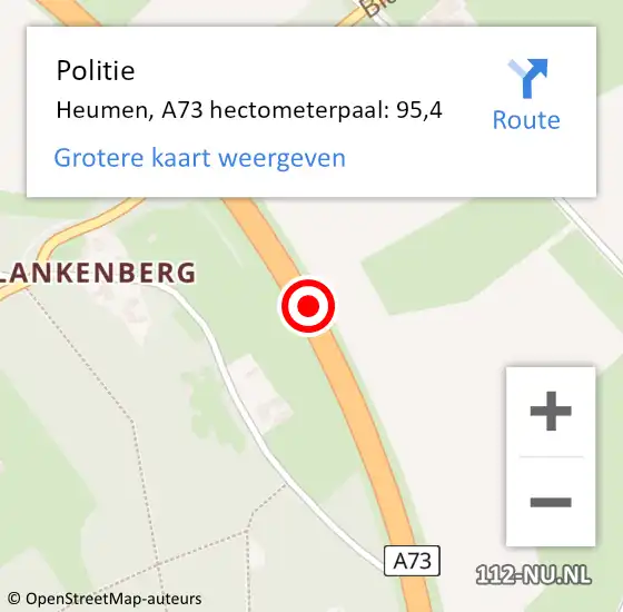 Locatie op kaart van de 112 melding: Politie Heumen, A73 hectometerpaal: 95,4 op 11 juni 2022 13:49