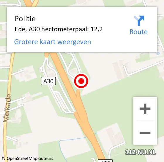 Locatie op kaart van de 112 melding: Politie Ede, A30 hectometerpaal: 12,2 op 11 juni 2022 13:49