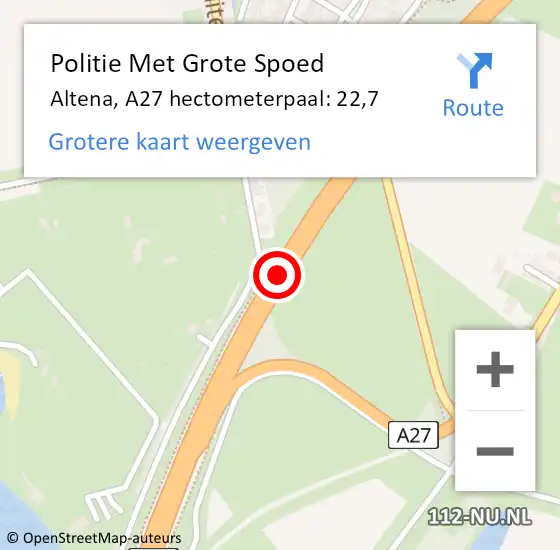 Locatie op kaart van de 112 melding: Politie Met Grote Spoed Naar Altena, A27 hectometerpaal: 22,7 op 11 juni 2022 14:23