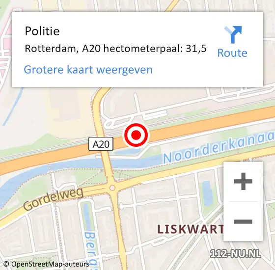 Locatie op kaart van de 112 melding: Politie Rotterdam, A20 hectometerpaal: 31,5 op 11 juni 2022 14:37