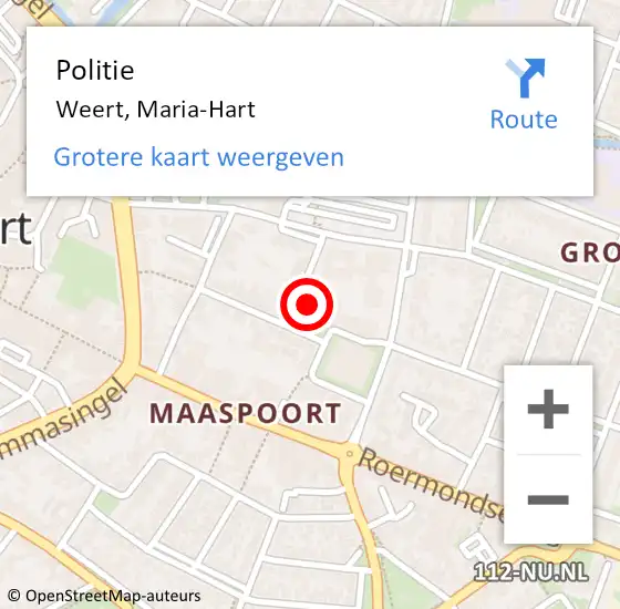 Locatie op kaart van de 112 melding: Politie Weert, Maria-Hart op 11 juni 2022 16:12