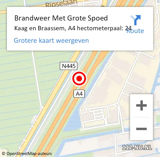 Locatie op kaart van de 112 melding: Brandweer Met Grote Spoed Naar Kaag en Braassem, A4 hectometerpaal: 24 op 11 juni 2022 18:36