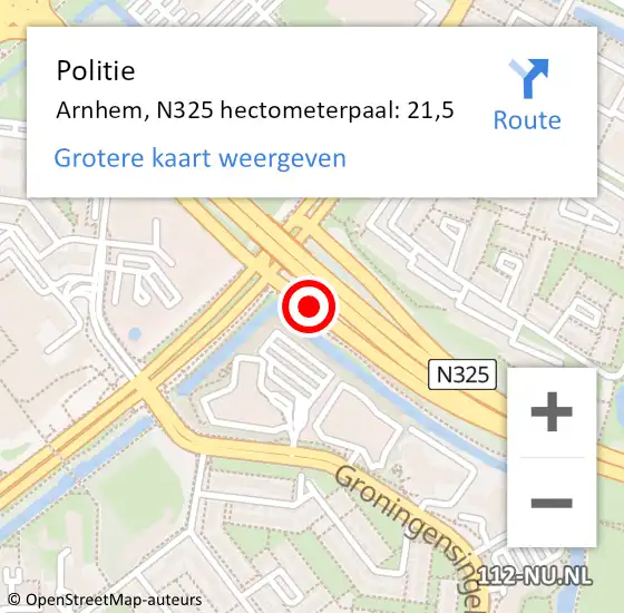 Locatie op kaart van de 112 melding: Politie Arnhem, N325 hectometerpaal: 21,5 op 11 juni 2022 22:17