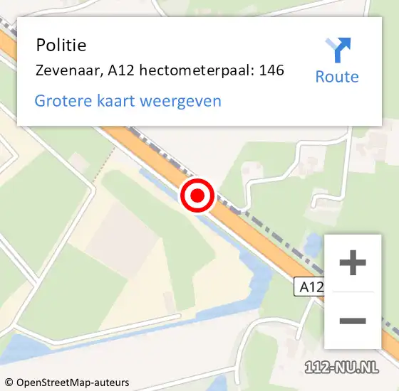 Locatie op kaart van de 112 melding: Politie Zevenaar, A12 hectometerpaal: 146 op 12 juni 2022 02:49