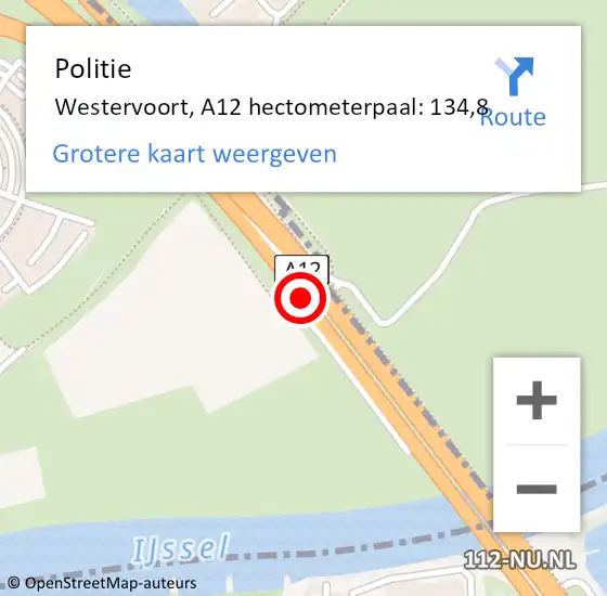 Locatie op kaart van de 112 melding: Politie Westervoort, A12 hectometerpaal: 134,8 op 12 juni 2022 02:53