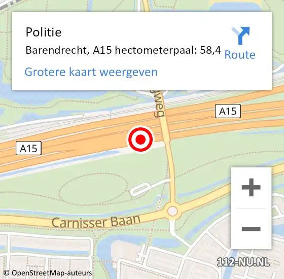 Locatie op kaart van de 112 melding: Politie Barendrecht, A15 hectometerpaal: 58,4 op 12 juni 2022 03:23